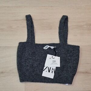 Zara Cropped Sweater Top Gray NWT Size Medium Polyester Acrylic Wool Camel Blend